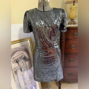 NEW Ann Taylor Silver Sequin Mini Cocktail Sheath Dress Size 8 Short Puff Sleeve